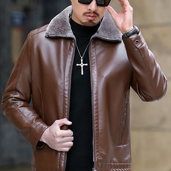 Business Casual Men's Leather Jacket Fur One Plus Velvet Thick Leather Jacket Jacket Middle-aged Father Winter Clothing