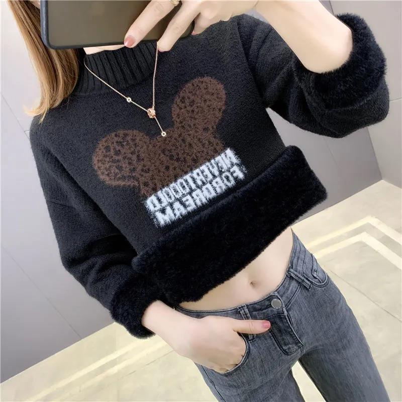 Ladies Velvet Thickened Half Turtleneck Sweater Korean Version Fashion Printing Slim Bottoming Shirt All-in-one Fleece Warm Outer Sweater