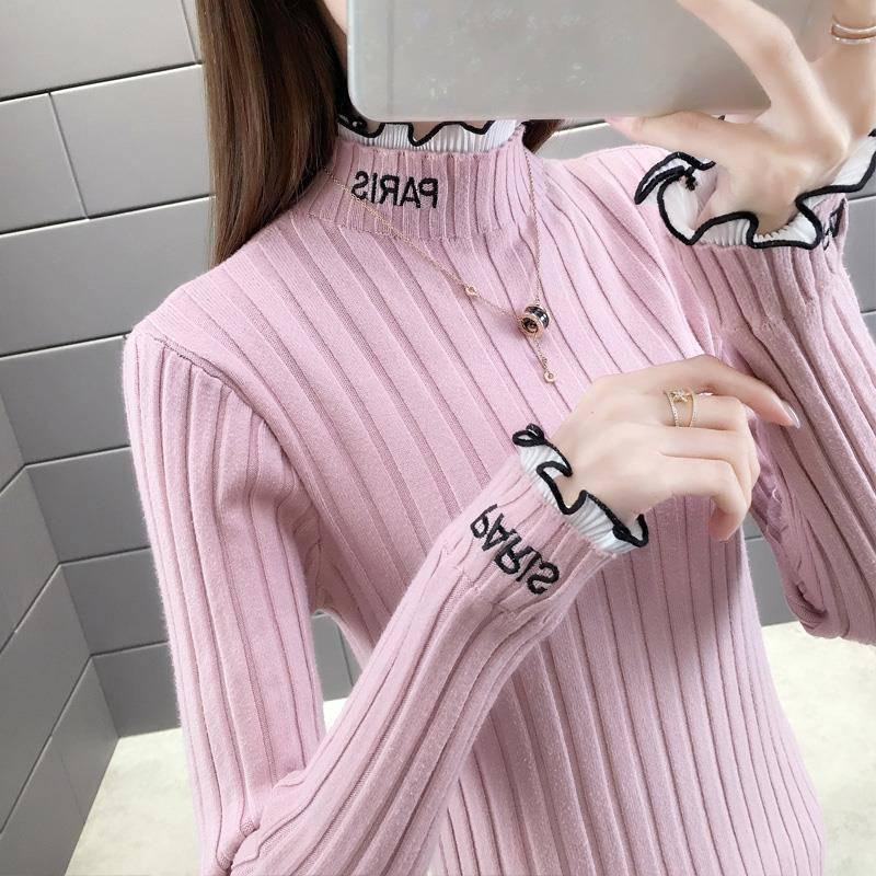 Women's Green Lace Turtleneck Pullover Sweater Winter Bottoming Fake Two Slim Knitted Sweaters Warm