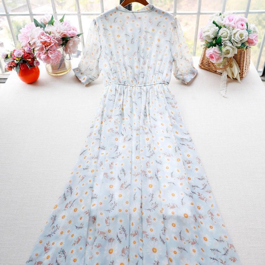 Female Vintage High Waist Super Fairy Holiday Dress Elegant Slim Chiffon Floral Print Lined Dress