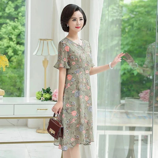 Summer Chiffon Dress Short-sleeved Round Neck Temperament Women's Knee-length Skirt Fabric Light and Breathable Ladies A-line Dress