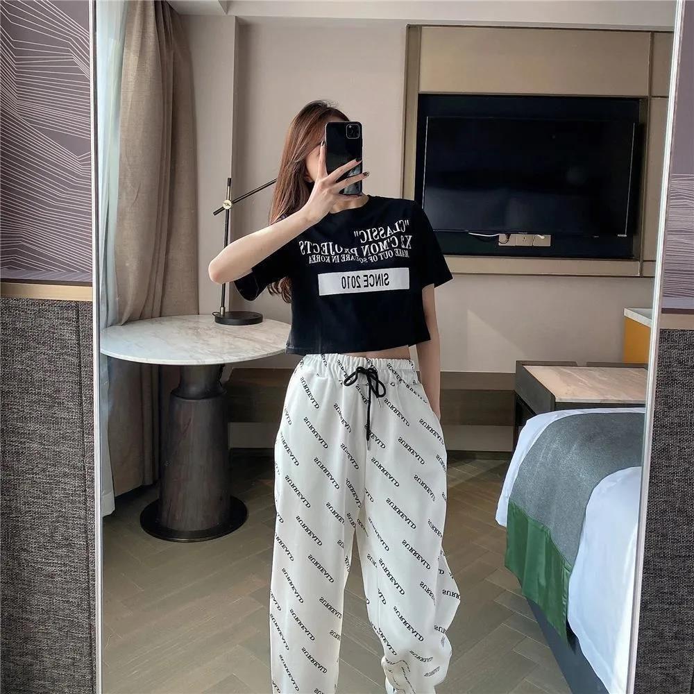 Women Summer Thin Long Pants Vintage Loose Letter Pattern Printed Sport Knickerbockers Versatile Elastic Waist Jogger Pants