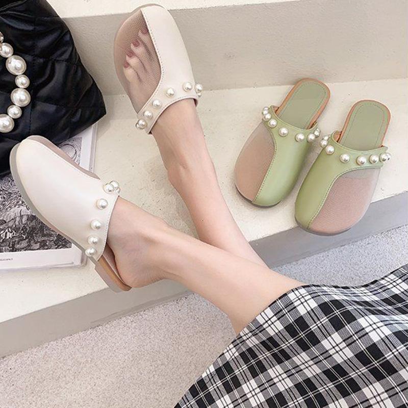 Summer Net Yarn Breathable Baotou Pedal Slippers Fairy Style Wild Stitching Sandals and Slippers Women