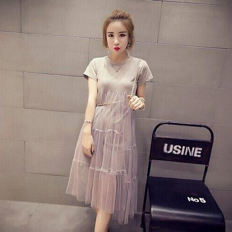 Mid-length Belly Mesh Stitching Dress Summer Dress Plus Size Fat Sister Loose and Thin T-shirt Skirt