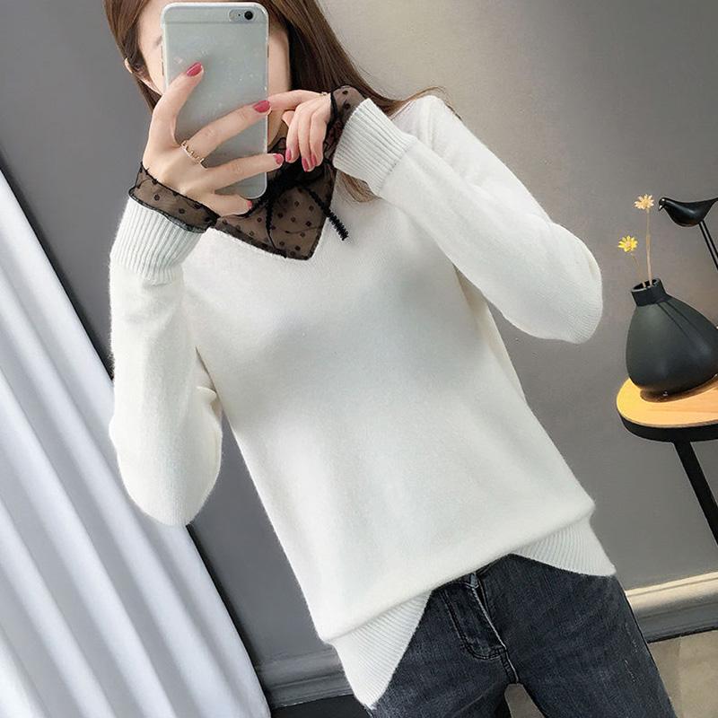 Spring and Autumn Fashion Sweater Lace Stitching Bottoming Shirt Women's Solid Color Long-sleeved Thin Knitwear