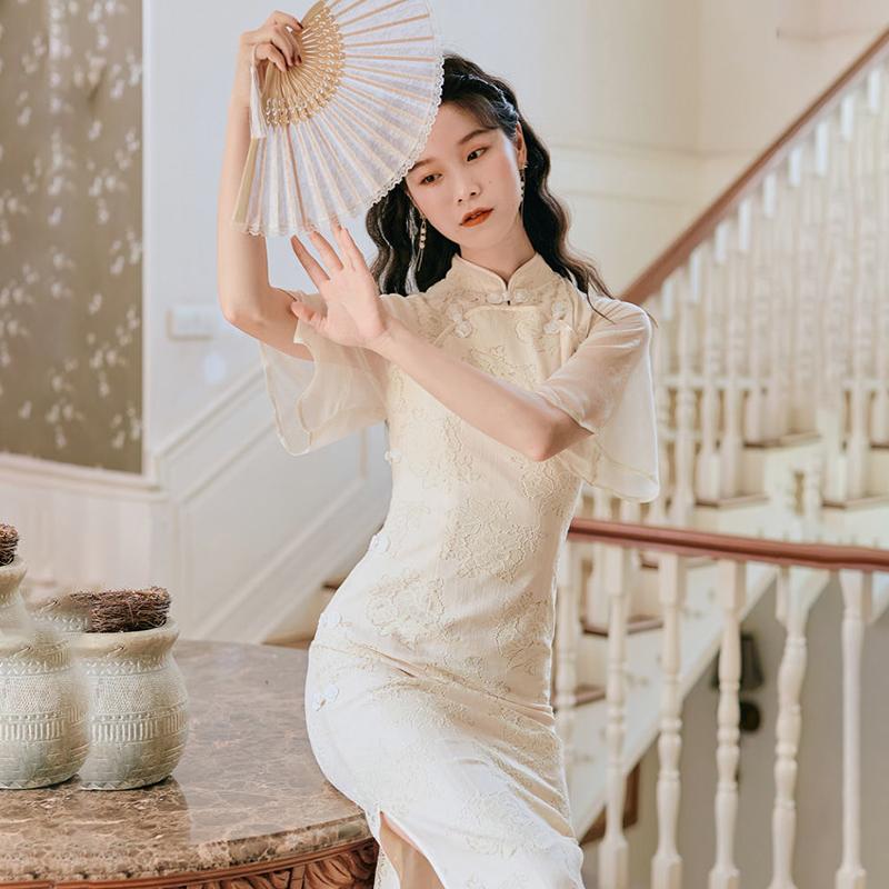 Improved Version of Chinese Style Women's Hanfu Cheongsam Women's Retro Elegant Long Temperament Dress Slim Cute Retro Style Embroidery Pattern