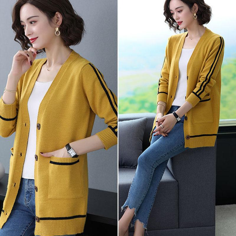 Spring and Autumn All-match Jacket Striped Pattern Mid-length Sweater Fashion Simple Style Female Top