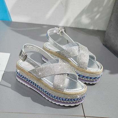 2020 Spring and Summer Trend Wind Fork Open Toe Wild Rhinestone Thick Bottom Muffin Women Sandals Women Shoes