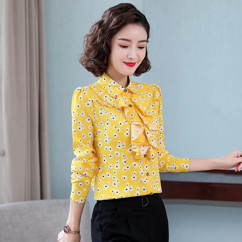 Women's Spring and Autumn Chiffon Shirt Loose Sweet Long Sleeve Printed Top