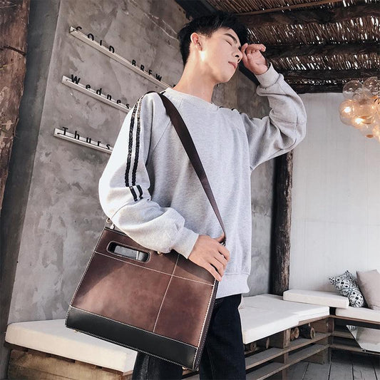 Business briefcase men retro large capacity zipper leather anti-theft waterproof A4 bag handbag