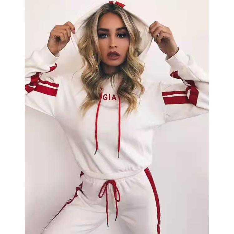 2PCS Sports Suit Colorblock Striped Lace-Up Short Hooded Casual Sweater Jogging Pants Set Autumn Warm Suit Athletic Clothing for Women