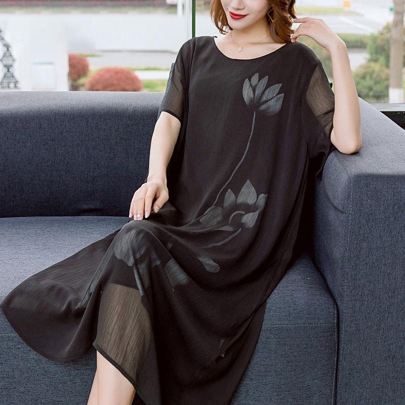 Large Size Loose Chiffon Dress Round Neck Short Sleeve Printing Mid-length Women's Clothing