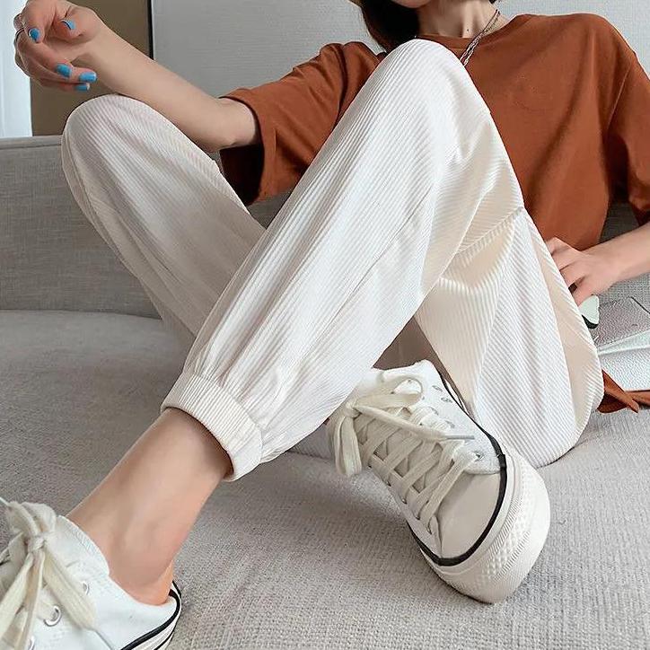 Women Spring Large Size Ice Silk Thin Sports Pants Loose Solid Color Elastic Waist Casual Long Pants
