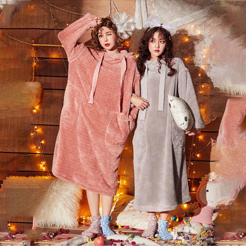 Spring Autumn Coral Fleece Pajamas Ladies Hooded Winter Cute Drawstring Loose Nightgown Bathrobe Women's Hoodies Home Outdoor Wear
