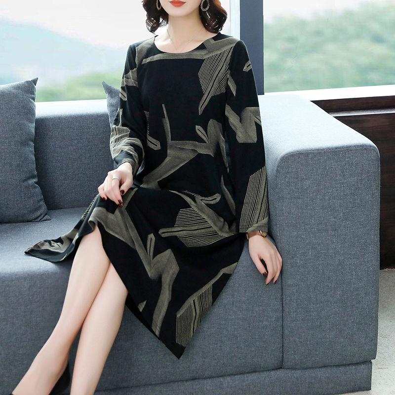 Large Size Long-sleeved Dress Women Spring and Autumn Mid-length Over-the-knee Bottoming Skirt Round Neck Print