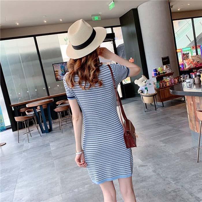 Pofulove Women Bow-knit A-line Dress Short-sleeved O-neck Mid-length Evening Dress Casual Dresses