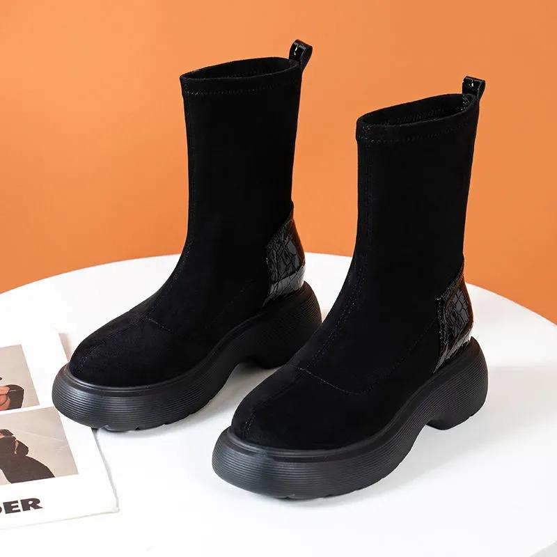 Black Boots Woman Autumn and Winter Velvet Elastic Boots Korean Version of Wild Short Boots Increased Thick-soled Boots Martin Plush Boots