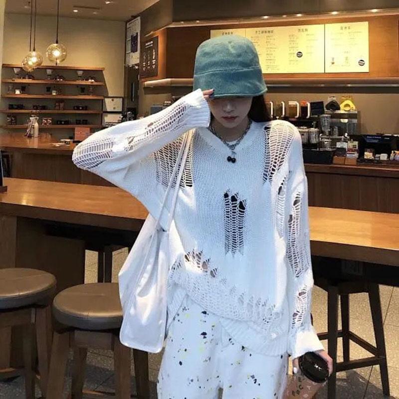 Gothic Punk Hole Sweaters Women  Streetwear Harajuku Sweaters Hollow Out Broken Knitted Jumper Woman Pullover Sweater