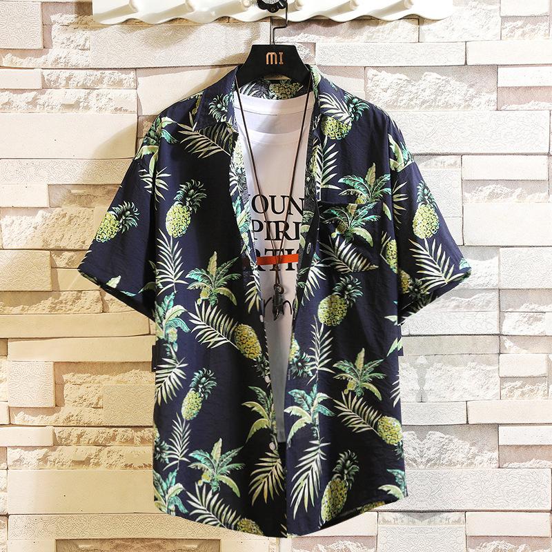 Hawaiian Shirts Beach Tee Leaf Fruit Print T-shirt Half Sleeve Retro Clothes Button Up Top Loose Overshirt Casual Male Undies