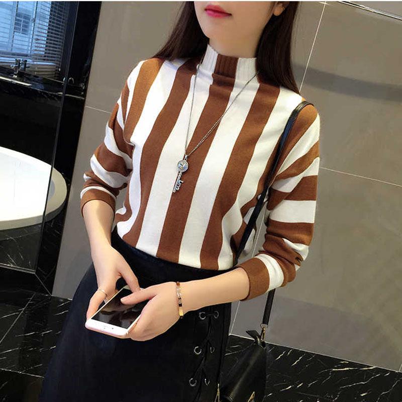 Striped Turtleneck Pullover Women Winter Thick Sweater Contrast Korean Knitwear Knitted Sweater Top