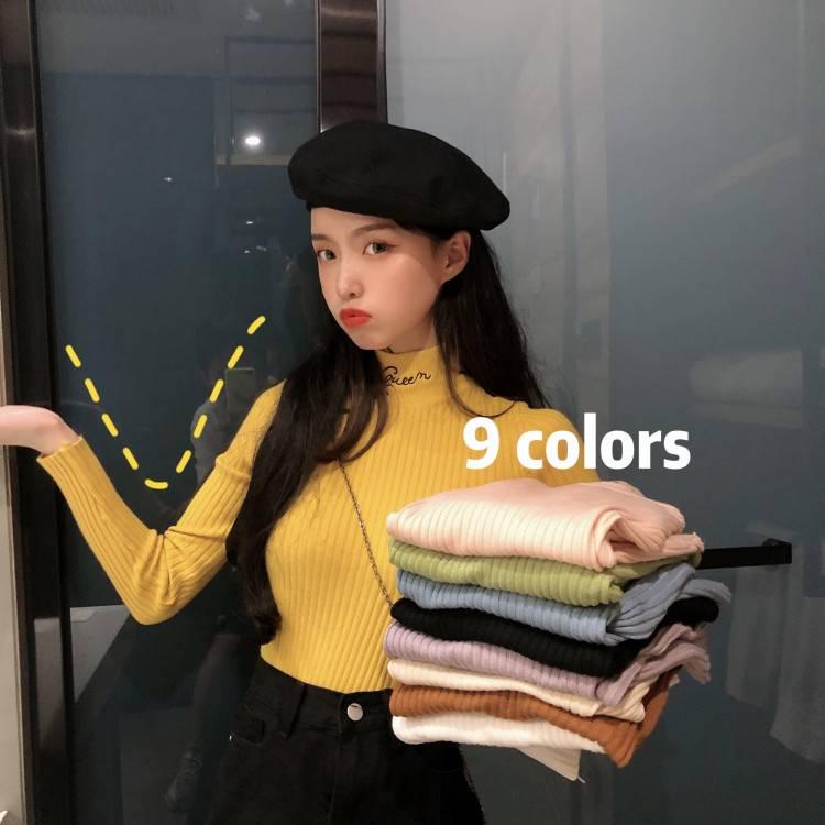 Pofulove Bottoming Shirt Women's Core Yarn Winter Sweater with Coat Long Sleeve Turtleneck Top