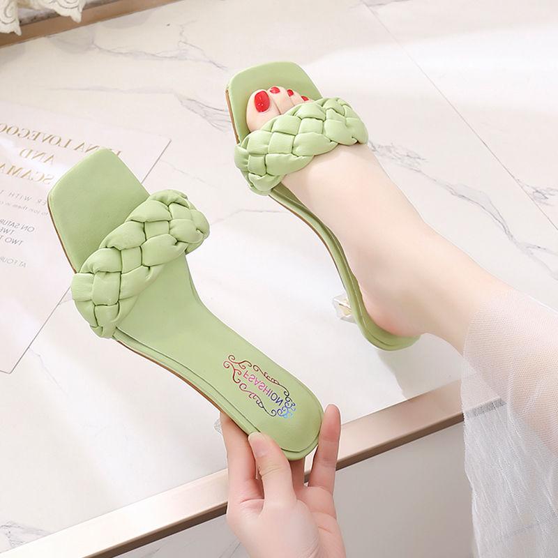Summer All-match Thin and Woven Square Head High-heeled Sandals Female Fairy Fashion Sandals and Slippers