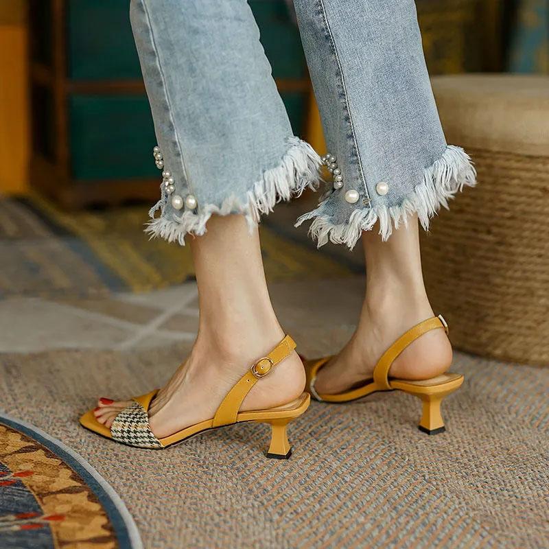 Sandals for Women Summer Mid-heel Square Toe Soft Leather All-match Stiletto Heel French High-heeled Sandal Temperament  Elegant Plaid Sandals