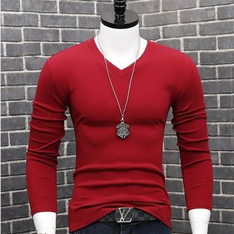 Men's V-neck Long-sleeved Cotton Sweater for Youth Self-cultivation Solid Color Korean Version of Autumn Sweatshirts