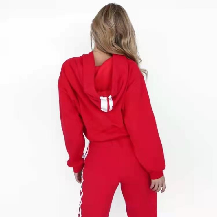 2PCS Sports Suit Colorblock Striped Lace-Up Short Hooded Casual Sweater Jogging Pants Set Autumn Warm Suit Athletic Clothing for Women