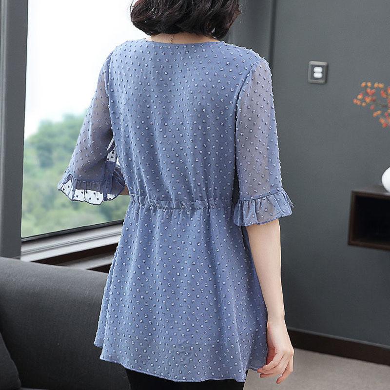 Women's Summer Mid-sleeve Mid-length Lace Shirt Round Neck Large Size Loose T-shirt