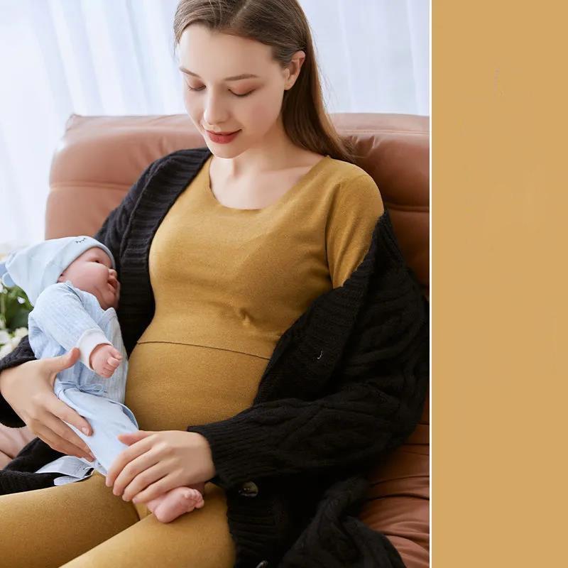 Maternity Suit Autumn and Winter Plus Velvet Thermal Underwear Postpartum Breastfeeding Autumn Clothes Large Size Confinement Pajamas Top