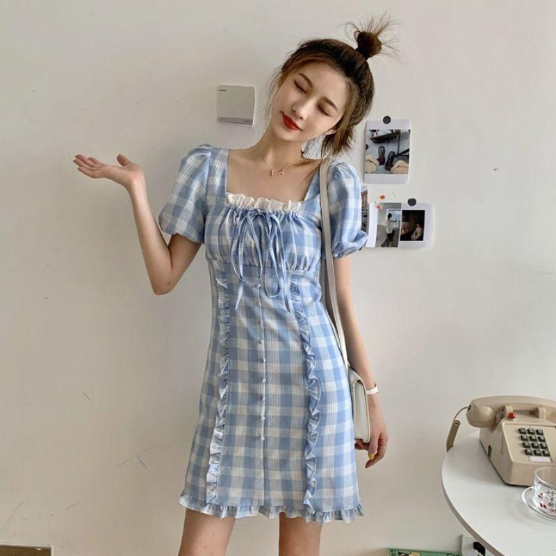 Female Spring and Summer Simple and Gentle Waist Close Show Thin Bubble Sleeve Lattice French Niche Dress