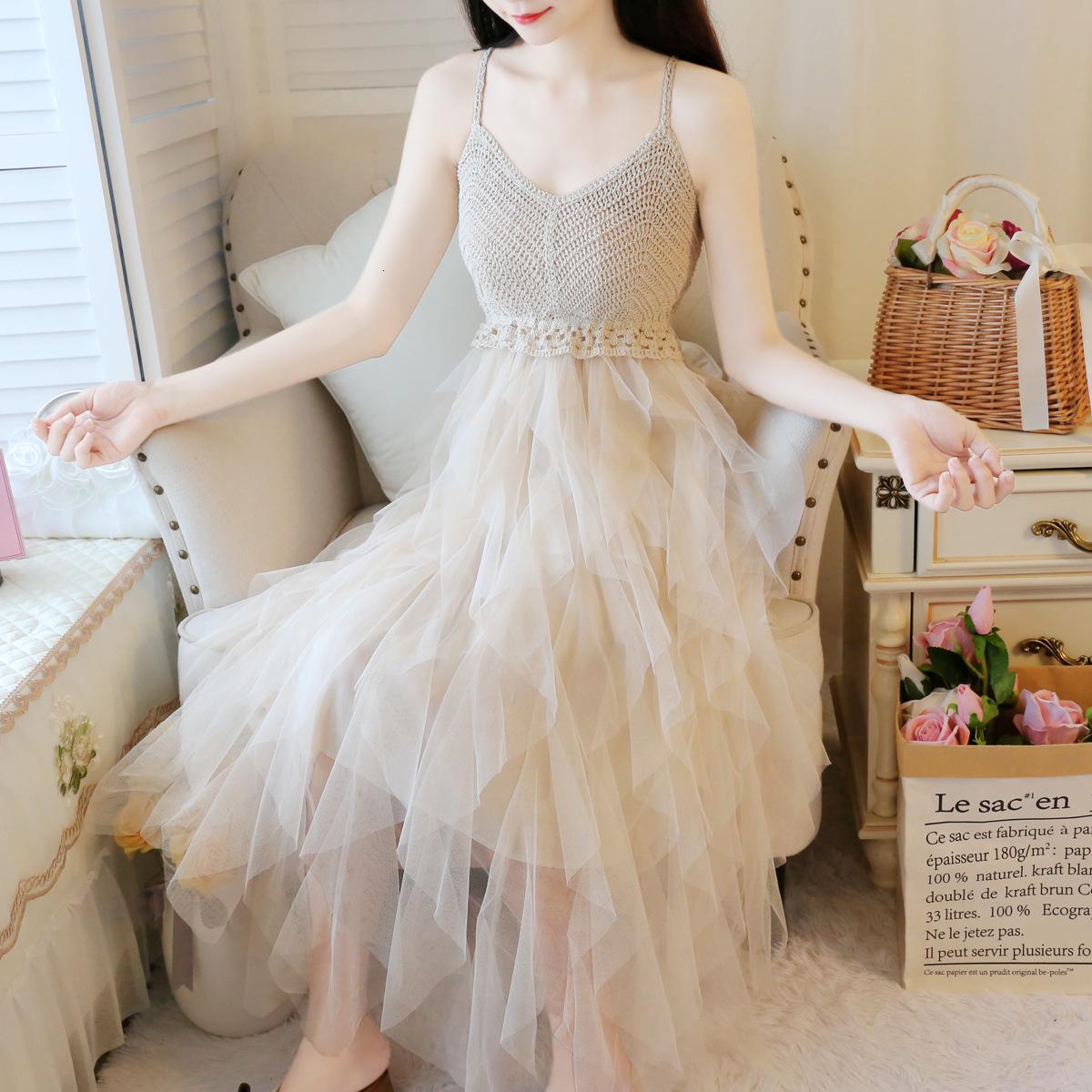 Women  Sleeveless Knitted Dress Summer Lace Party Dress Casual Sling Beach Dress
