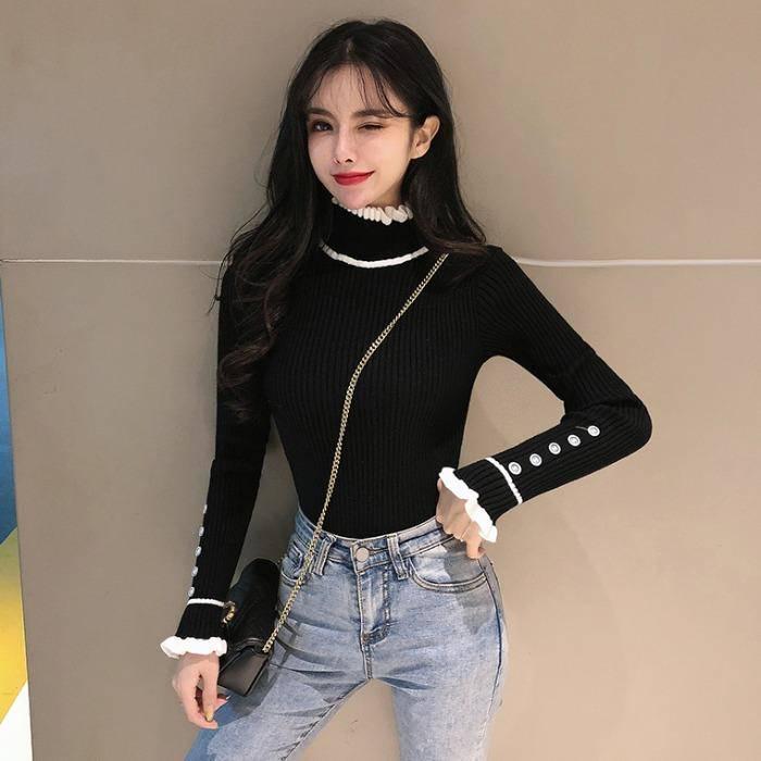 Pofulove Thick Sweater Slim Fit Shirt Spring Autumn Color Fungus Half High Neck Long Sleeve Women