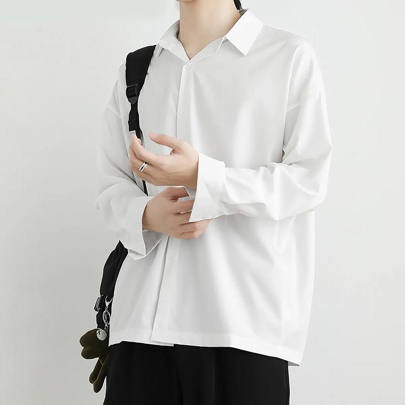 Shirt Men's Handsome White and Black Trend Ice Silk Hong Kong Wind Drape Long-sleeved Jacket Loose Ice Silk Top Coat
