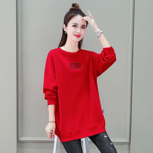 Cotton Round Neck Mid-length Sweater Loose Bf Style Thin Top Spring and Autumn Long Sleeve Jacket