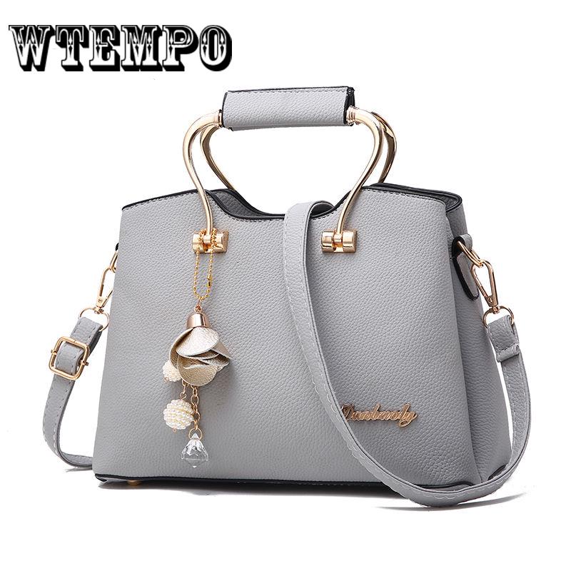 Leather Shoulder Bag Women Crossbody Tote Bag Metal Pendant Hanging Ornament Handbags