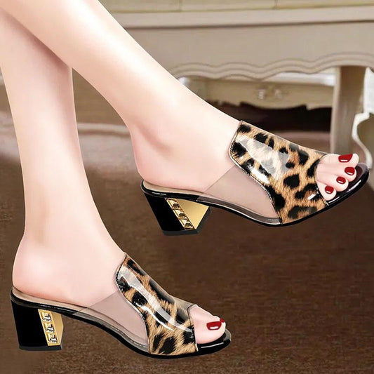 Slippers Women Leopard Transparent Open Toe Sandals Summer Thick Heel Middle Heel Sandals and Slippers All Match Casual Comfortable Slippers