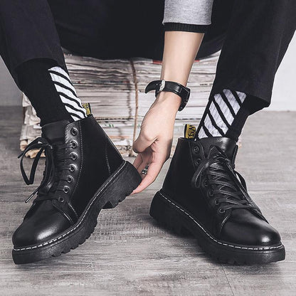 Men's Black Martin Boots Mid-British Thick-soled Men's Boots Korean Style Trendy All-match High-top Leather Shoes