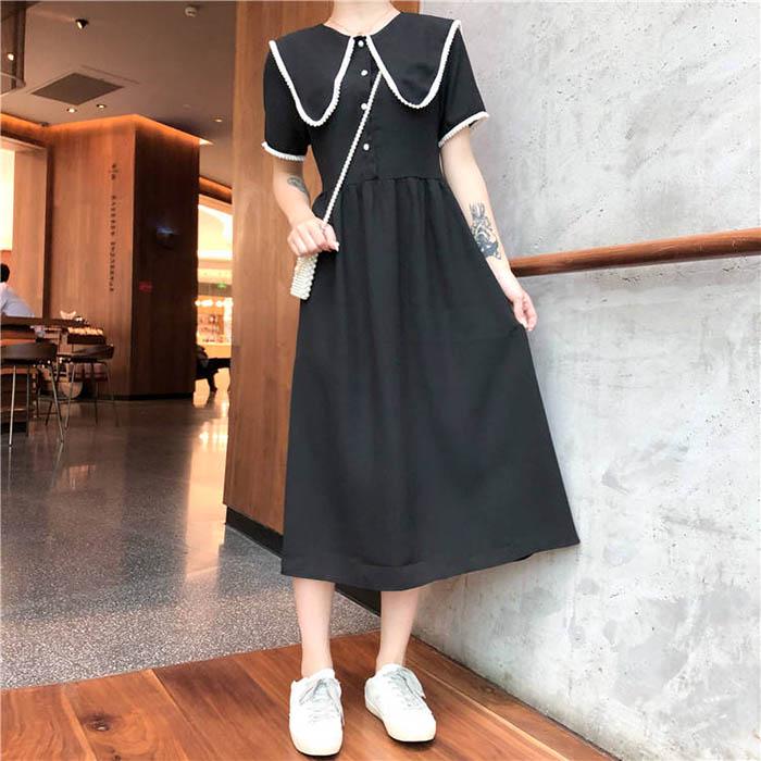 Pofulove S-4XL Women Plus Size O-neck Black Dress Loose Slim Sweet Short-sleeved Cheongsam Dress