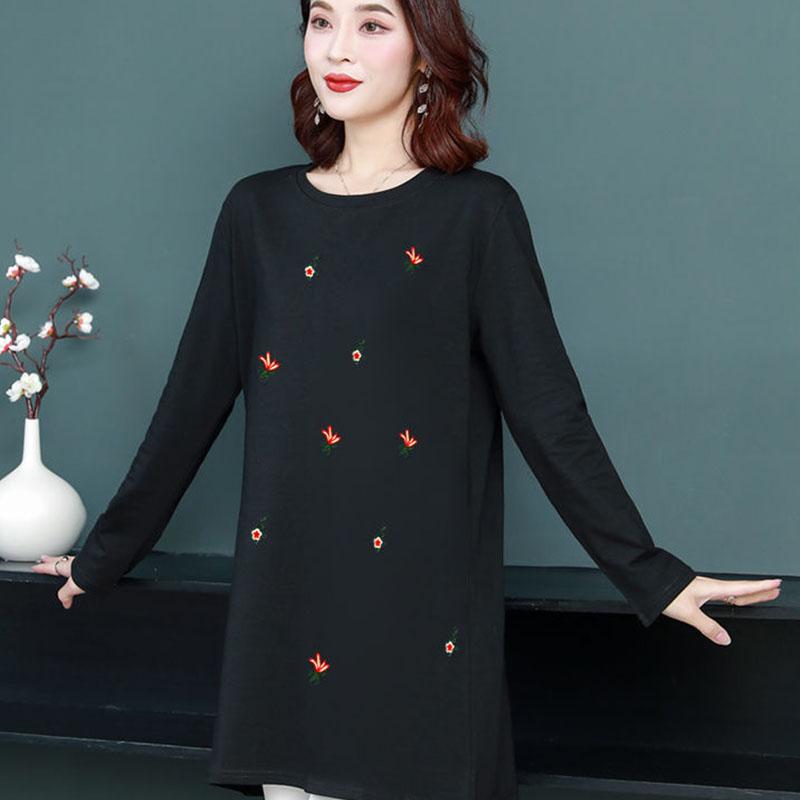 Women's Clothing Autumn and Spring Ladies Round neck Flower embroidery Long-sleeved Casual Loose T-shirt Pullover