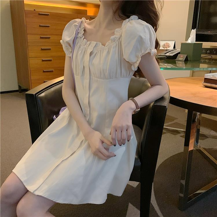 Little Lady Simple Solid Elegant Dress Vintage Square Collar Large Size Slim Graceful Party Dress