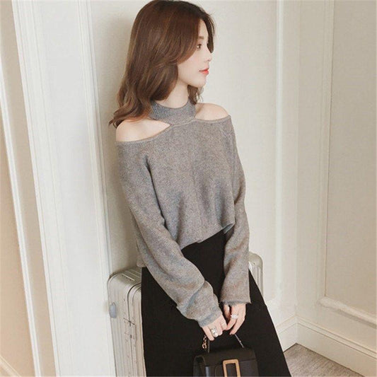 Sexy Hanging Neck Pullover Sweater Solid Color Casual Off shoulder Sweater Autumn Winter Korean Knitwear Long-sleeve Knitted Sweater Jacket Outer Wear