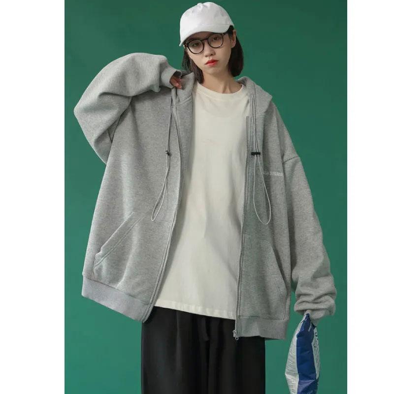 Women's Spring and Summer Zipper Jacket Large Pocket Long-sleeved Sweatshirt Jacket Loose Sports Cardigan Ins Hooded Sweater