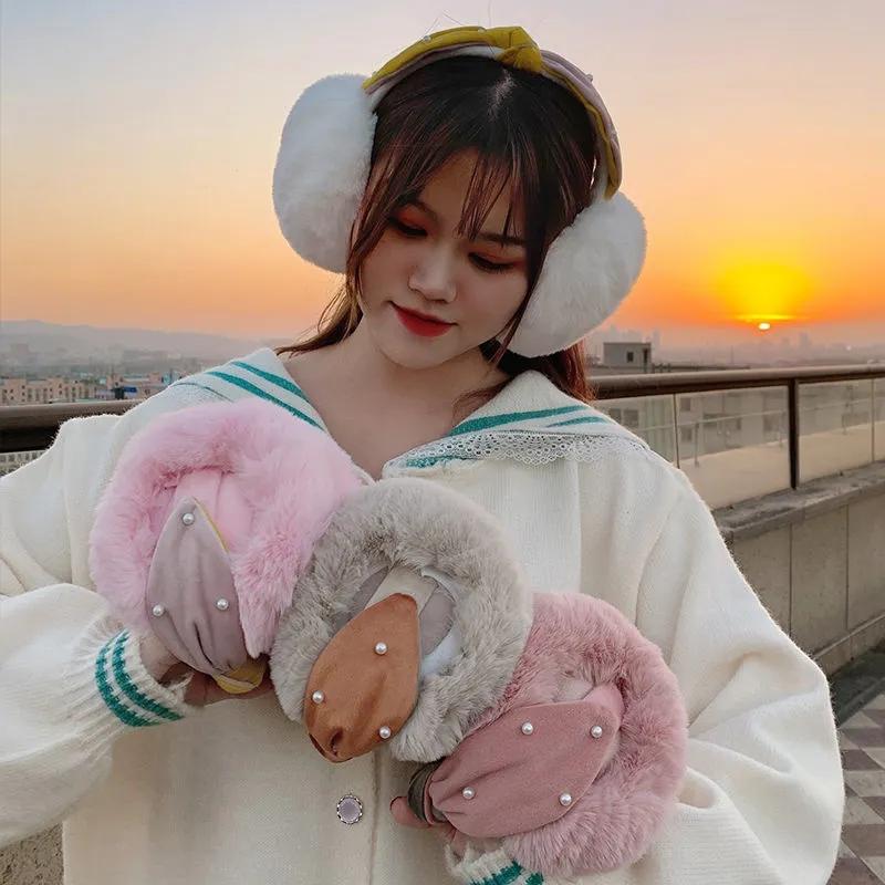 Women's Winter Foldable Earmuffs Pearl Bow Ear Muffs Warm Female Earmuffs Korean Style Two-color Stitching Earwarmers Plush Ear Warmer Pad