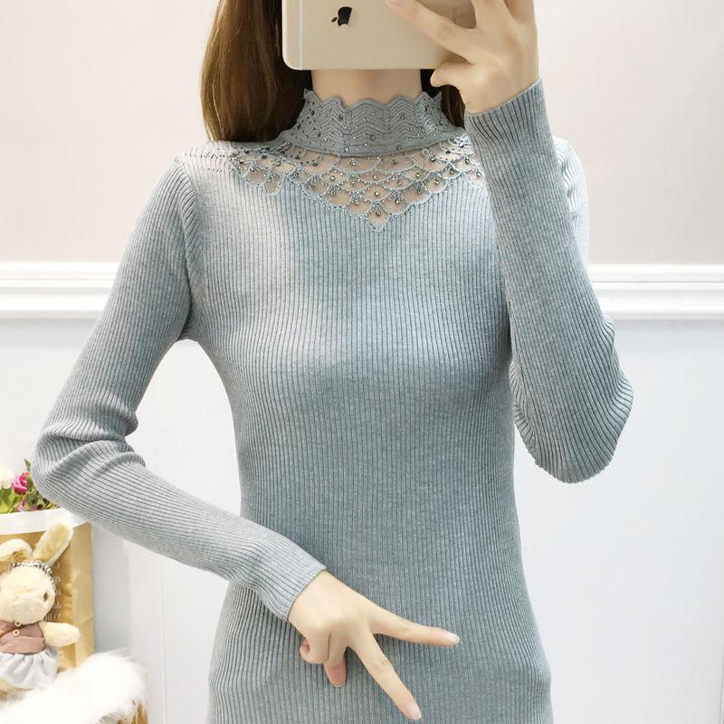 Winter Lace Hollow Turtleneck Sweater Long Sleeve Bottoming Slim Knitted Pullover Women