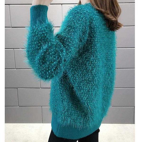 Korean Version of The Autumn and Winter Style Furry Bright Silk Sweater Women Loose Lazy Student Short V-neck Sweater All-match