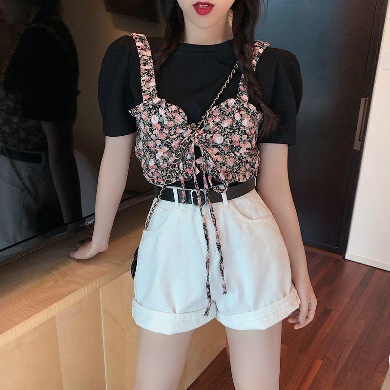 Summer Korean Version  The White Simple Short-sleeved T-shirt Plus Sweet Floral Sling Two-piece Jacket Women