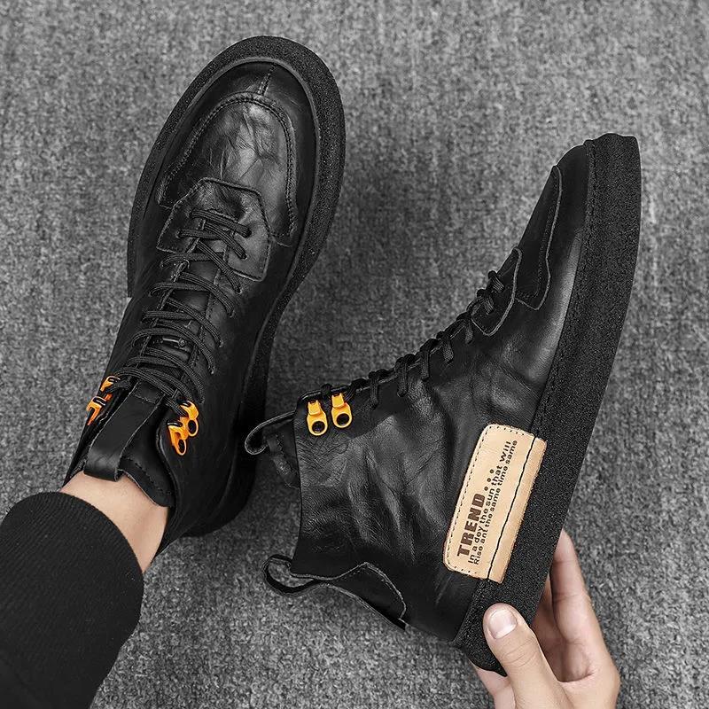 Summer Forest Wooden Men's Shoes Work and Labor Insurance High-top Leather Shoes Leather Casual Sneakers