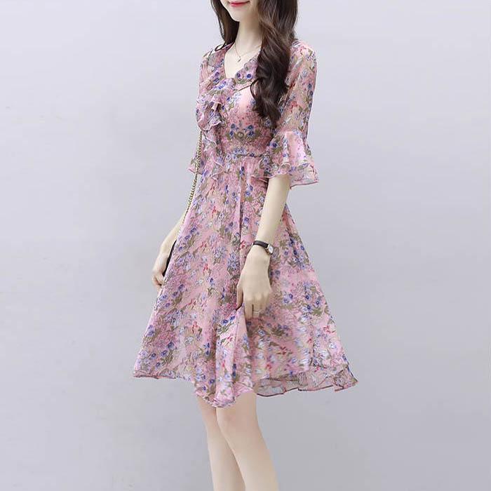 Pofulove S-3XL Women V-neck Chiffon Floral Dress Office Lady Short-sleeved Mid-length A-line Dress